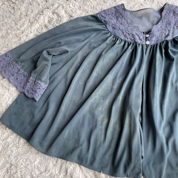 Vintage 60s lace trimmed bed jacket tie dye dyed teal blue cropped layering M - Picture 9 of 17